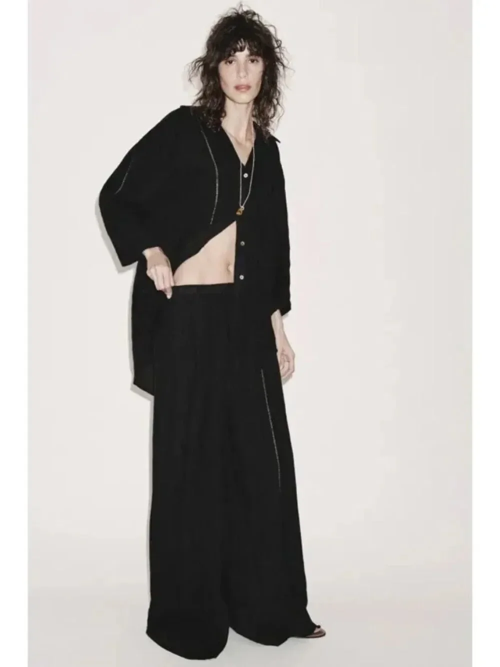 Zara ZW womens Linen Palazzo Pants trousers XS Black Wide Leg 4043/059 NWT
